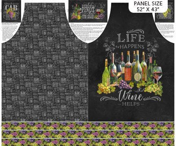 Reversible Apron Panel - BLACK MULTI II LIFE HAPPENS, WINE HELPS